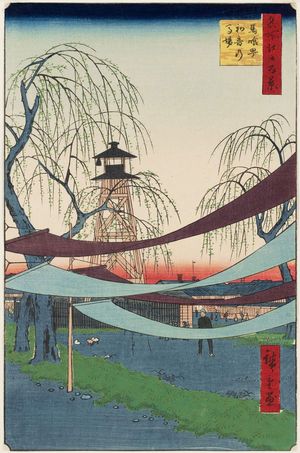 歌川広重: Hatsune Riding Grounds, Bakuro-chô (Bakuro-chô Hatsune no Baba), from the series One Hundred Famous Views of Edo (Meisho Edo hyakkei) - ボストン美術館