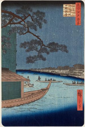 Japanese Print "Pine of Success and Oumayagashi, Asakusa River (Asakusagawa Shubi no matsu Oumayagashi), from the series One Hundred Famous Views of Edo (Meisho Edo hyakkei)" by Utagawa Hiroshige, 歌川広重 (Utagawa Hiroshige I)