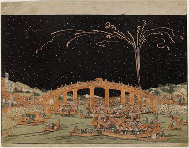 歌川豊春: Fireworks at Ryôgoku Bridge, from the series Newly Published Perspective Pictures (Shinpan uki-e) - ボストン美術館