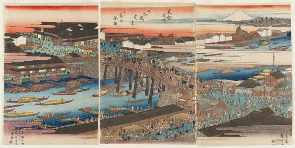 Utagawa Hiroshige: True View of Nihonbashi Bridge, Together with a Complete View of the Fish Market (Nihonbashi shinkei, narabi ni uoichi zenzu), from the series Famous Places in the Eastern Capital (Tôto meisho) - Museum of Fine Arts