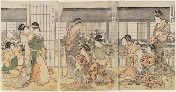 Kitagawa Utamaro: Three Drunken Courtesans, a Triptych: the Angry Drunk, the Weepy Drunk, the Giggly Drunk (Keisei sannin yoi, sanpuku no uchi: haratate jôgo, naki jôgo, warai jôgo) - Museum of Fine Arts