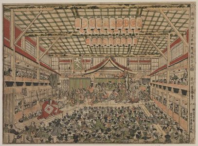 歌川豊春: Kabuki Play at the Three Great Theaters, a Newly Published Perspective Print (Shinpan uki-e san shibai Kabuki kyôgen no zu) - ボストン美術館