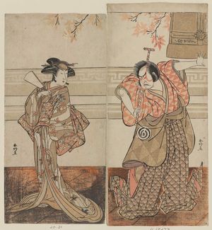 勝川春好: Actors Arashi Hinasuke as Watanabe Choshichi (R) and Nakamura Kumejiro as Choshichi's Wife (L) - ボストン美術館