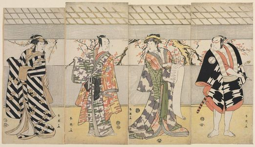 Katsukawa Shun'ei: Actors, from right: Sakata Hangorô III as Akazawa Junai; Segawa Kikunojô III as Ôiso no Tora; Ichikawa Monnosuke as Soga no Jûrô; Nakayama Tomisaburô as Miura no Katagai - Museum of Fine Arts