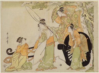 Japanese Print "Four Beauties in a Parody of the Carriage-pulling Scene (Kurumabiki)" by Kitagawa Utamaro, 喜多川歌麿 (Kitagawa Utamaro I)