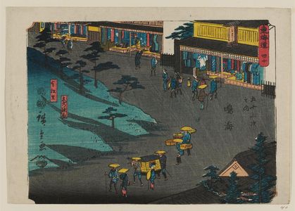 Japanese Print "No. 40 - Narumi: Arimatsu Village and Shops Selling the Famous Tie-dyed Fabric (Meibutsu shibori mise, Arimatsu sato), from the series The Tôkaidô Road - The Fifty-three Stations (Tôkaidô - Gojûsan tsugi no uchi)" by Utagawa Hiroshige, 歌川広重 (Utagawa Hiroshige I)