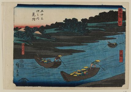 Japanese Print "No. 28 - Mitsuke: Ferry Boats and the Tenryû River (Tenryûgawa, funawatashi), from the series The Tôkaidô Road - The Fifty-three Stations (Tôkaidô - Gojûsan tsugi no uchi)" by Utagawa Hiroshige, 歌川広重 (Utagawa Hiroshige I)