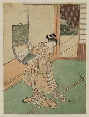 Suzuki Harunobu: Woman Hanging a Scroll and Playful Cat - Museum of Fine Arts