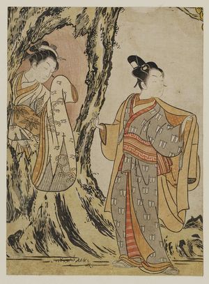 Suzuki Harunobu: Parody of the Story of Yoritomo Hiding in a Tree - Museum of Fine Arts