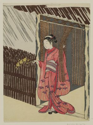 鈴木春信: Woman Holding a Branch of Yamabuki (Parody of the Story of Ôta Dôkan) - ボストン美術館