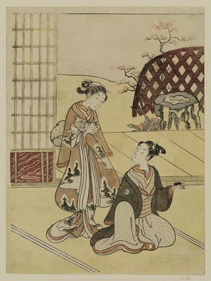 Suzuki Harunobu, 鈴木春信 (Suzuki Harunobu)による浮世絵「Young Woman Holding Cat and Young Man Holding Mouse」