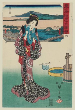 Japanese Print "No. 5, Hodogaya: Katabira Bridge (Katabira-bashi) and Shinmachi, from the series Fifty-three Pictures of the Tôkaidô Road (Tôkaidô gojûsan zue)" by Utagawa Hiroshige, 歌川広重 (Utagawa Hiroshige I)