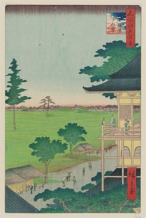 歌川広重: Spiral Hall, Five Hundred Rakan Temple (Gohyaku Rakan Sazaidô), from the series One Hundred Famous Views of Edo (Meisho Edo hyakkei) - ボストン美術館