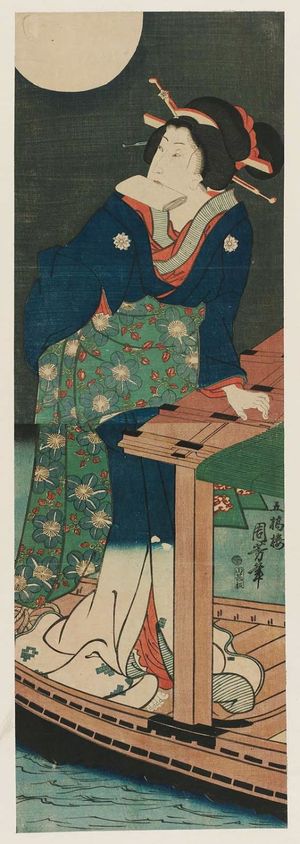 Japanese Print "Woman in Boat under Full Moon" by Chikayoshi