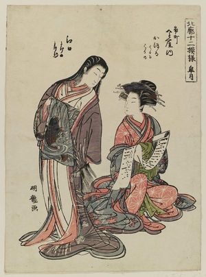 磯田湖龍齋: The Fifth Month (Satsuki): Kaoru, kamuro Haruka and Haruno, and Eguchi, kamuro Takeno and Takeji, of the Kanaya in Kado-machi, from the series Twelve Patterns in the Pleasure Quarters (Kuruwa jûni moyô) - ボストン美術館