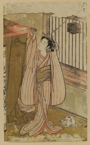 Isoda Koryusai: Young Woman Hanging a Mosquito Net, with Insect Cage and Cat - Museum of Fine Arts