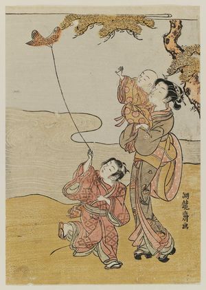 磯田湖龍齋: Mother and Child Watching a Boy Flying a Kite - ボストン美術館