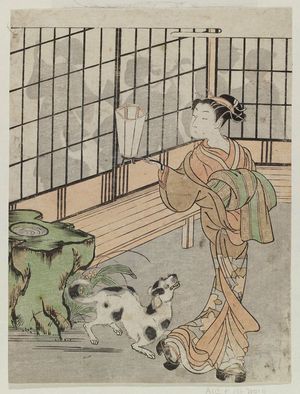 Isoda Koryusai: Courtesan and Dog in Garden outside a Party Room - Museum of Fine Arts