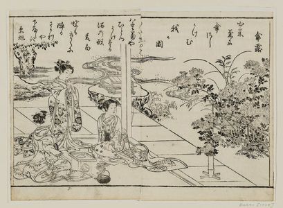Kitao Shigemasa: Three women looking at chrysanthemums - Museum of Fine Arts