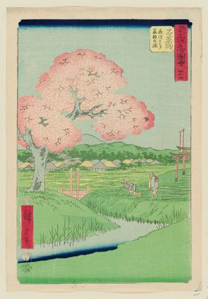 歌川広重: No. 45, Ishiyakushi: Yoshitsune's Cherry Tree and the Shrine of Noriyori (Ishiyakushi, Yoshitsune sakura Noriyori no hokora), from the series Famous Sights of the Fifty-three Stations (Gojûsan tsugi meisho zue), also known as the Vertical Tôkaidô - ボストン美術館