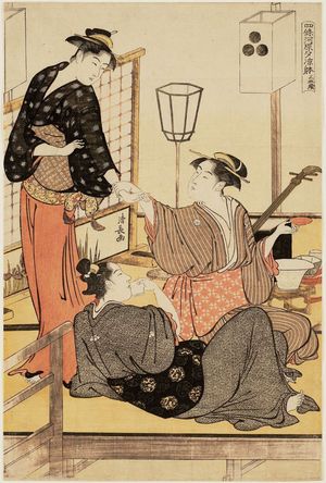 鳥居清長: Enjoying the Cool of Evening on the Riverbed at Shijô (Shijô-gawara yûsuzumi no tei), from a triptych (Sanmaitsuzuki) - ボストン美術館