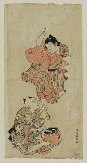 Kitao Shigemasa: Boy dancing while another plays a drum - Museum of Fine Arts