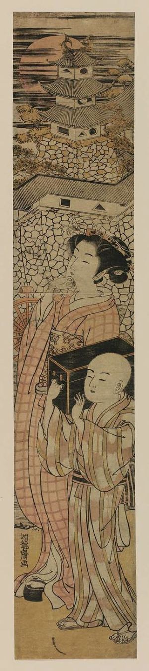 Isoda Koryusai: Young Woman and Small Boy Walking by a Castle - Museum of Fine Arts