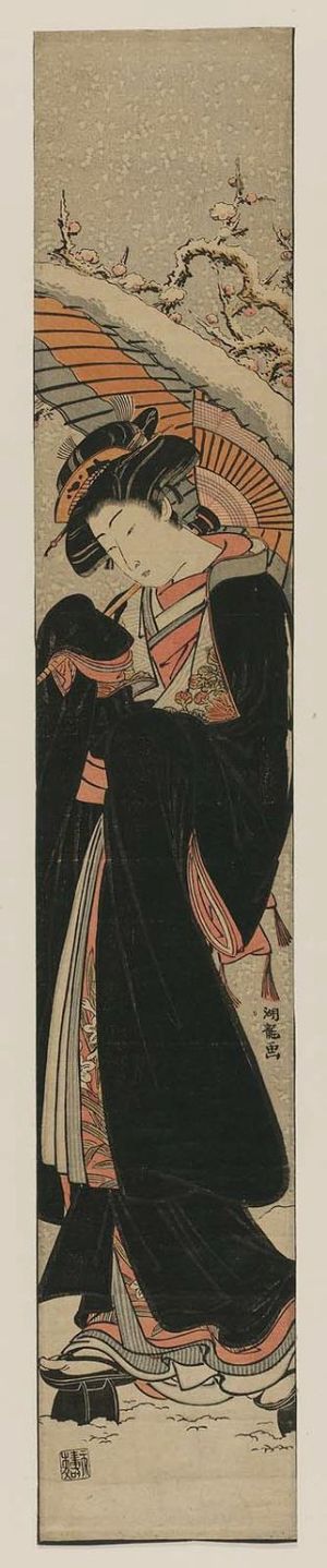 Isoda Koryusai: Woman in Black Raincoat (Kappa) Walking in Snow - Museum of Fine Arts