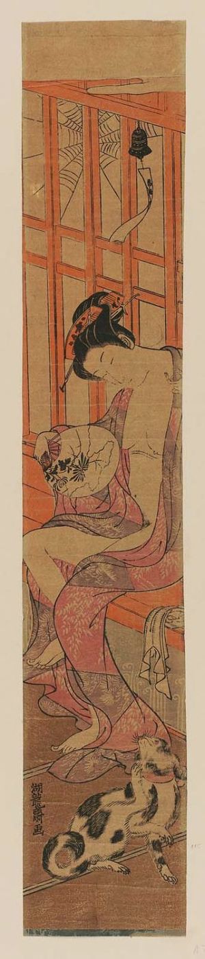 Isoda Koryusai: After the Bath: Woman Fanning Herself and Dog Scratching - Museum of Fine Arts