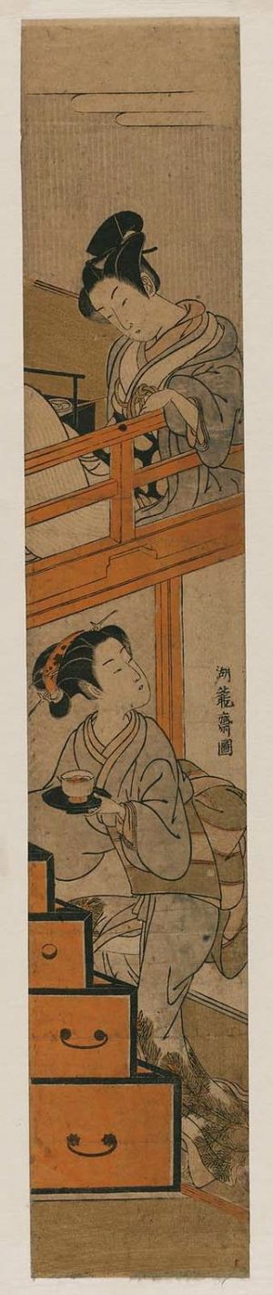 磯田湖龍齋: Woman Carrying a Bowl of Tea Upstairs to a Young Man - ボストン美術館