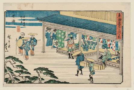 Utagawa Hiroshige: Narumi: Shop Selling Famous Arimatsu Tie-dyed Fabric (Narumi, meibutsu Arimatsu shibori mise), from the series The Fifty-three Stations of the Tôkaidô Road (Tôkaidô gojûsan tsugi no uchi), also known as the Gyôsho Tôkaidô - Museum of Fine Arts