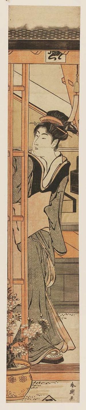 勝川春潮: Woman at a Sliding Lattice Door - ボストン美術館