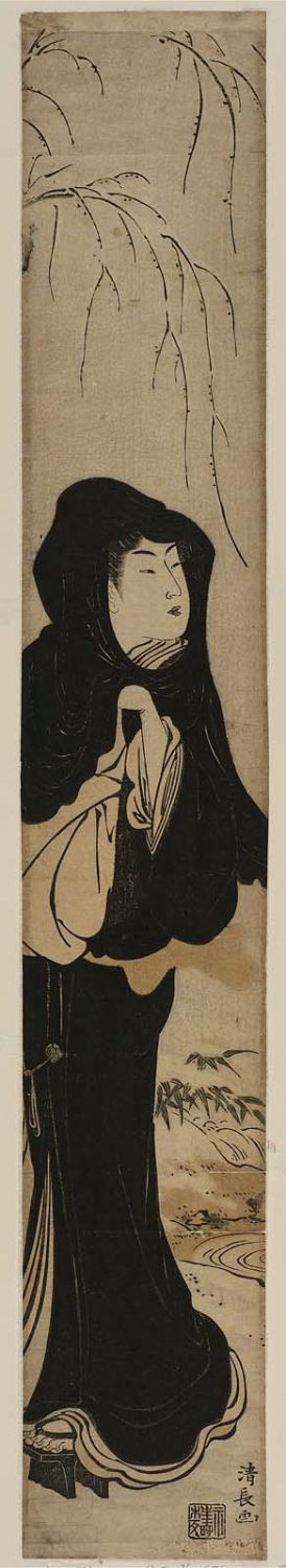 Torii Kiyonaga: Woman in Black Walking in Snow - Museum of Fine Arts