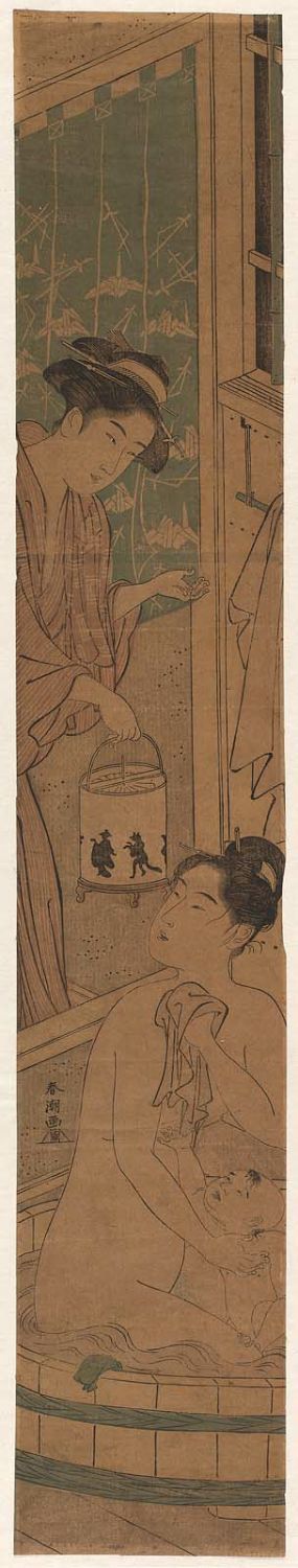 勝川春潮: Woman with Revolving Lantern, and Woman and Baby in Bathtub - ボストン美術館