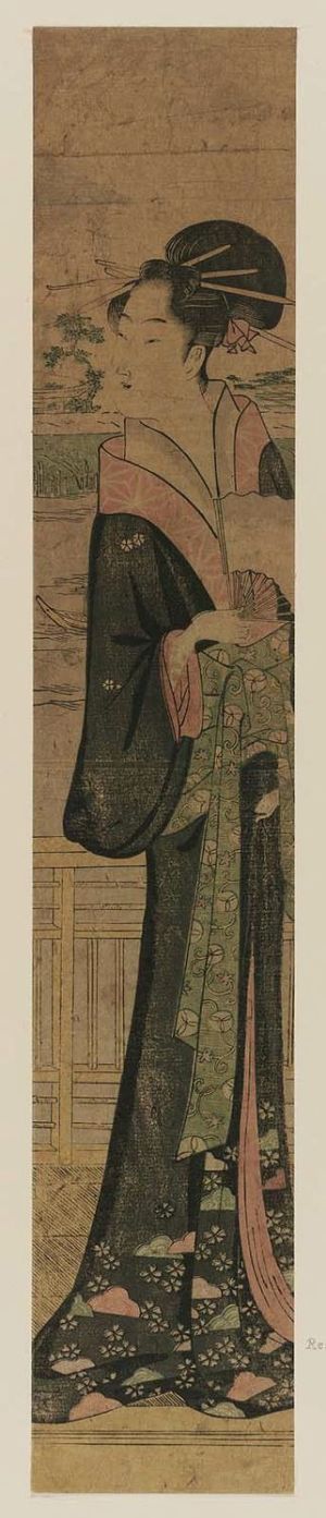 Unknown: Standing Woman with Fan on Balcony Looking toward Mukôjima - Museum of Fine Arts