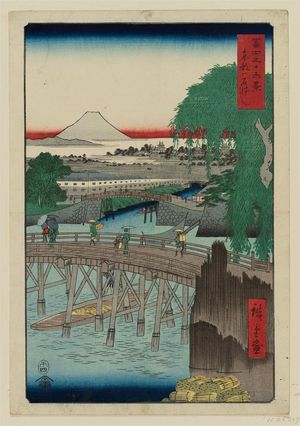 Utagawa Hiroshige, 歌川広重 (Utagawa Hiroshige I)による浮世絵「Ichikokubashi Bridge in Edo (Tôto Ichikokubashi), from the series Thirty-six Views of Mount Fuji (Fuji sanjûrokkei)」