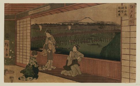 Utagawa Hiroshige: Restaurant with a Distant View of Ryôgoku Bridge (Ryôgoku-bashi chôbô ryôriya), from the series Famous Places in Edo (Edo meisho) - Museum of Fine Arts