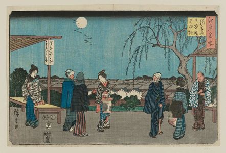 Utagawa Hiroshige: The Willow Tree of Farewells to Guests at Nihon Embankment in the New Yoshiwara (Shin Yoshiwara Nihon-zutsumi mikaeri no yanagi), from the series Famous Places in Edo (Edo meisho) - Museum of Fine Arts