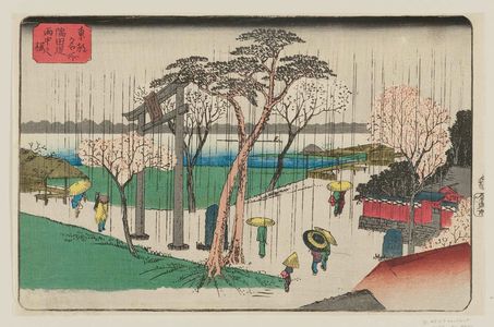 Utagawa Hiroshige: Cherry Trees in Rain on the Sumida River Embankment (Sumida zutsumi uchû no sakura), from the series Famous Places in the Eastern Capital (Tôto meisho) - Museum of Fine Arts