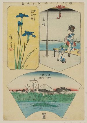 Utagawa Hiroshige: Takanawa (Woman on bench); Horikiri no sato, hana shobu (Iris); Nakazu (Mt. Fuji above marsh grass in fan shape), from the series Cutout Pictures of Famous Places in Edo (Edo meisho harimaze zue) - Museum of Fine Arts