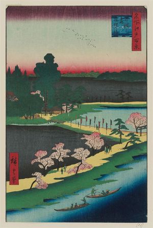 Japanese Print "Azuma Shrine and the Entwined Camphor (Azuma no mori Renri no azusa), from the series One Hundred Famous Views of Edo (Meisho Edo hyakkei)" by Utagawa Hiroshige, 歌川広重 (Utagawa Hiroshige I)