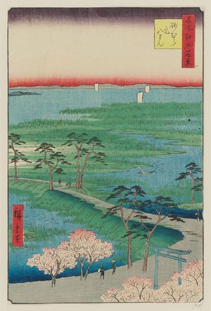 Japanese Print "Moto-Hachiman Shrine, Sunamura (Sunamura Motohachiman), from the series One Hundred Famous Views of Edo (Meisho Edo hyakkei)" by Utagawa Hiroshige, 歌川広重 (Utagawa Hiroshige I)