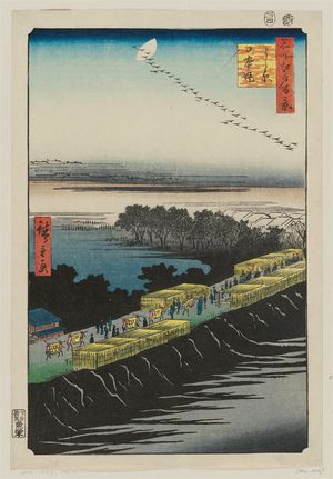 Utagawa Hiroshige: Nihon Embankment, Yoshiwara (Yoshiwara Nihonzutsumi), from the series One Hundred Famous Views of Edo (Meisho Edo hyakkei) - Museum of Fine Arts