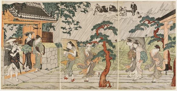 鳥居清長: A Sudden Shower at the Mimeguri Inari Shrine - ボストン美術館