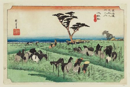 歌川広重: Chiryû: Early Summer Horse Fair (Chiryû, shuka uma ichi), first (?) state, from the series Fifty-three Stations of the Tôkaidô (Tôkaidô gojûsan tsugi no uchi), also known as the First Tôkaidô or Great Tôkaidô - ボストン美術館