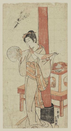 Ippitsusai Buncho: Woman holding fan, with scarf in her mouth - Museum of Fine Arts