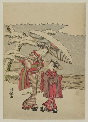 Isoda Koryusai: Woman and Young Girl Walking in Snow under Umbrella - Museum of Fine Arts