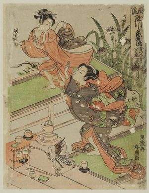 Isoda Koryusai: Girl chasing another who has a note. Series: Furyu Yatsushi Musha Kagami. - Museum of Fine Arts