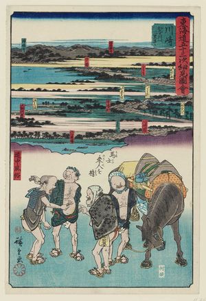 Utagawa Hiroshige: Kawasaki: Horse Drivers Waiting for Riders (Umakata norite o matsu), from the series Pictorial Guide to the Fifty-three Stations of the Tôkaidô: Customs of the Road (Tôkaidô gojûsan tsugi saiken zue, dôchû fûzoku) - Museum of Fine Arts