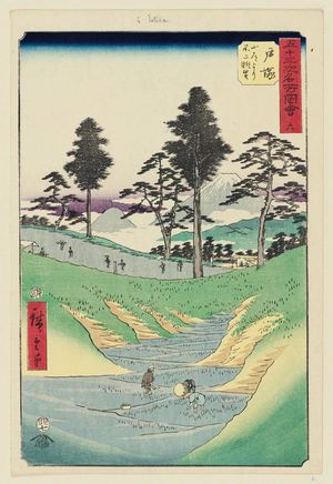 歌川広重: No. 6, Totsuka: View of Fuji from the Mountain Road (Totsuka, Sandô yori Fuji chôbô), from the series Famous Sights of the Fifty-three Stations (Gojûsan tsugi meisho zue), also known as the Vertical Tôkaidô - ボストン美術館